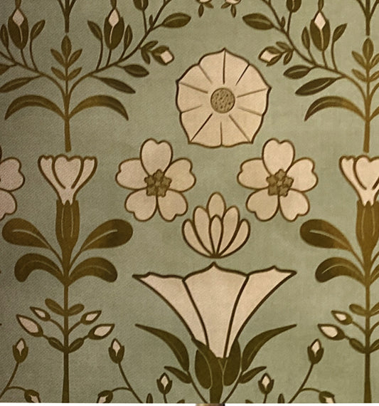 French cottage ivory and dark gold floral on sage green lampshade