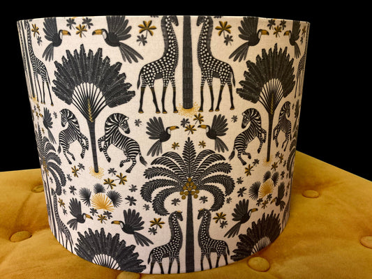drum shade, lampshade, lamp shade, home decor, white, black,zebra palm trees, Toucans, fun