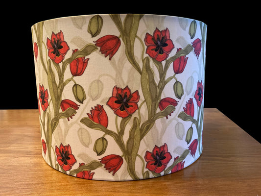Floral Drum Lampshade, Red Tulip Botanical Print, Custom Fabric