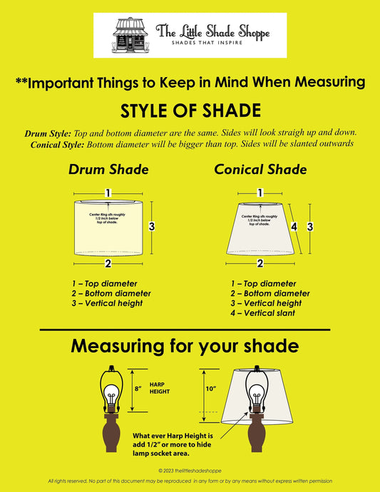 Lamp shade measuring guide for drum and conical styles with dimensions and harp height tips