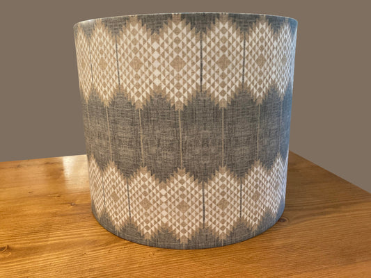 Drum lampshade, custom fabric, geo stripe bohemian, farmhouse, gray, beige, white