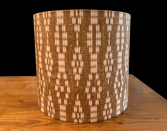 drum shade, lampshade, lamp shade, rust and white beaded design, Bohemian, farmhouse