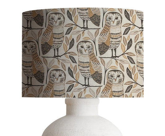 Barn Owl Drum Lampshade, Brown, White & Gold Home Decor
