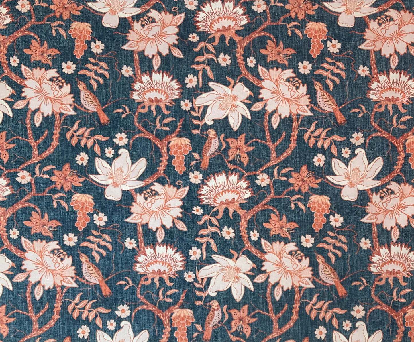 Teal fabric with coral floral and bird pattern, ideal for custom window shades and home decor.