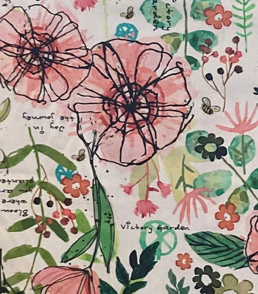Floral pattern with pink poppies, green leaves, bees, and 'Victory Garden' text on fabric