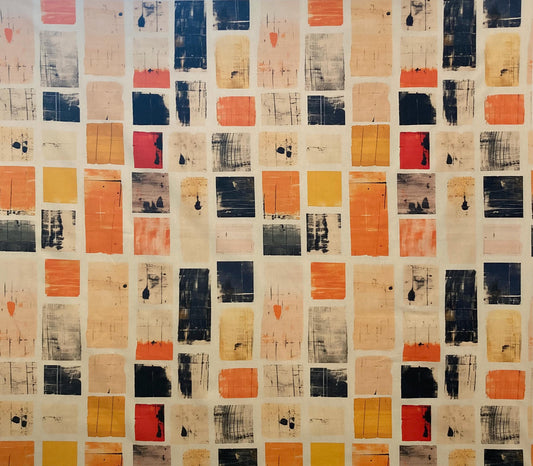 Modern Block Print Drum Lampshade, Multicolor Tiles, Orange Black Yellow