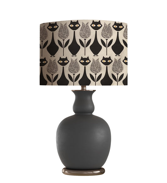 drum shade, lampshade, lamp shade, home decor, custom fabric, black, white, whimsical, cats, tulips