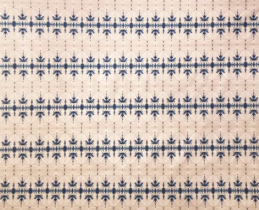 Blue and cream geometric patterned fabric with symmetrical design, ideal for curtains or home decor.