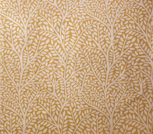 drum shade, lampshade, lamp shade, home decor, large print birds and trees, mustard yellow and white, hand drawn