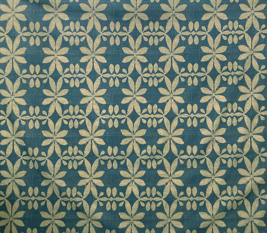 Teal fabric with gold floral geometric pattern, ideal for custom window shades and home decor
