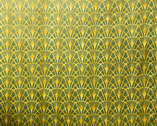 Art Deco Drum Lampshade, Gold Thin Fans, Sage Green