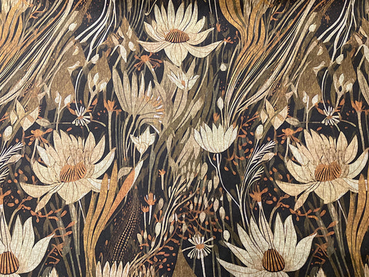 Boho floral fabric with cream daisies, gold accents, and dark background for curtains or upholstery