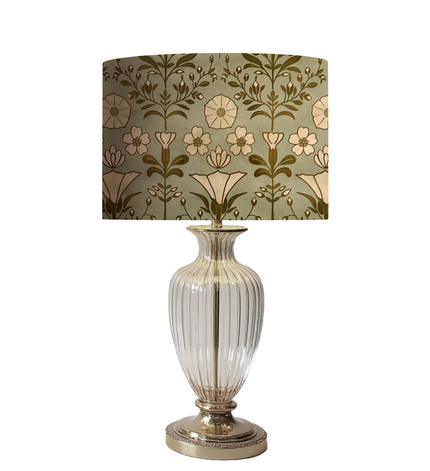 French cottage ivory and dark gold floral on sage green lampshade