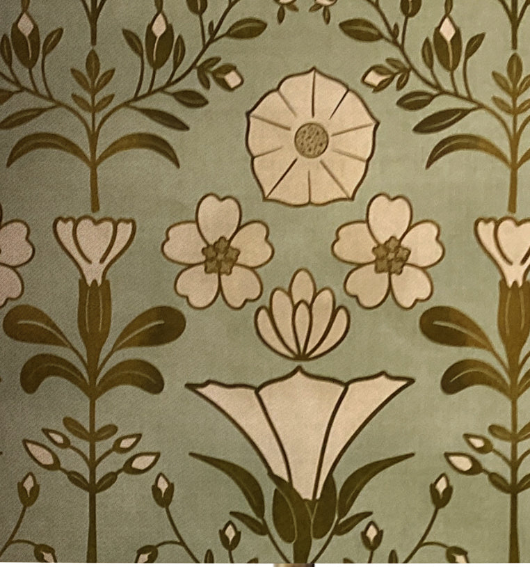French cottage ivory and dark gold floral on sage green lampshade