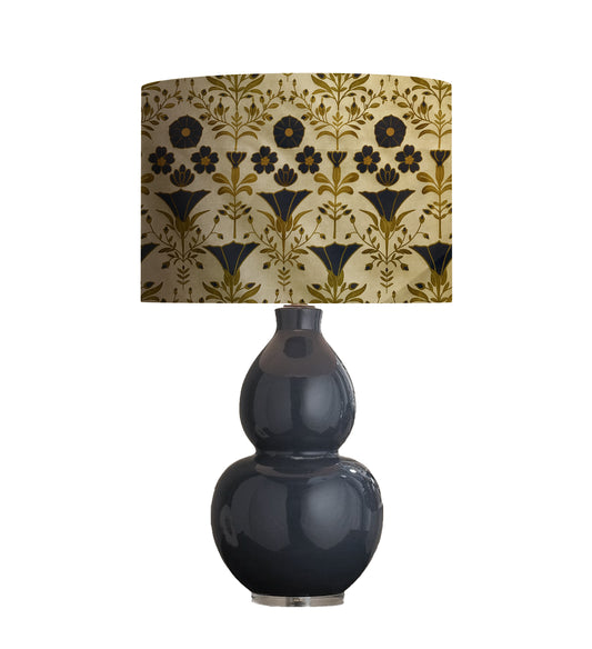 French cottage dark blue and gold floral on ivory lampshade