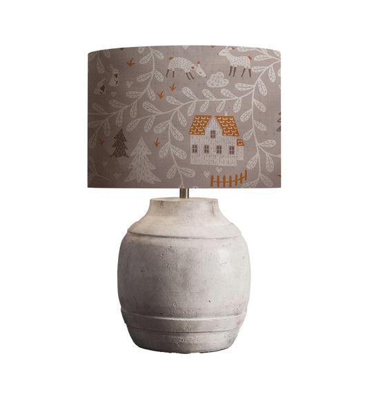 dr-69 Folk Art drum lampshade of cottage in the forest
