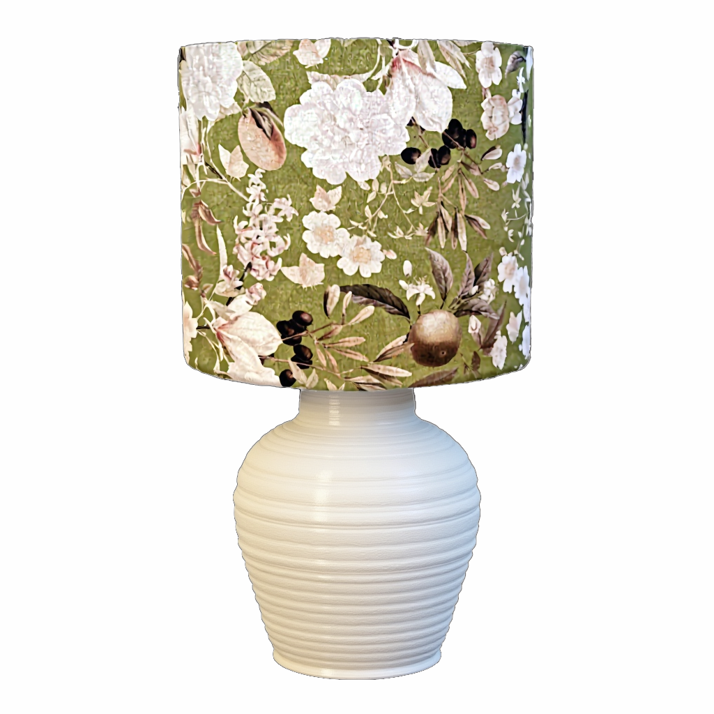 dr-59  Floral Drum Lampshade, Rustic Green Fabric, White Flowers and Fruit