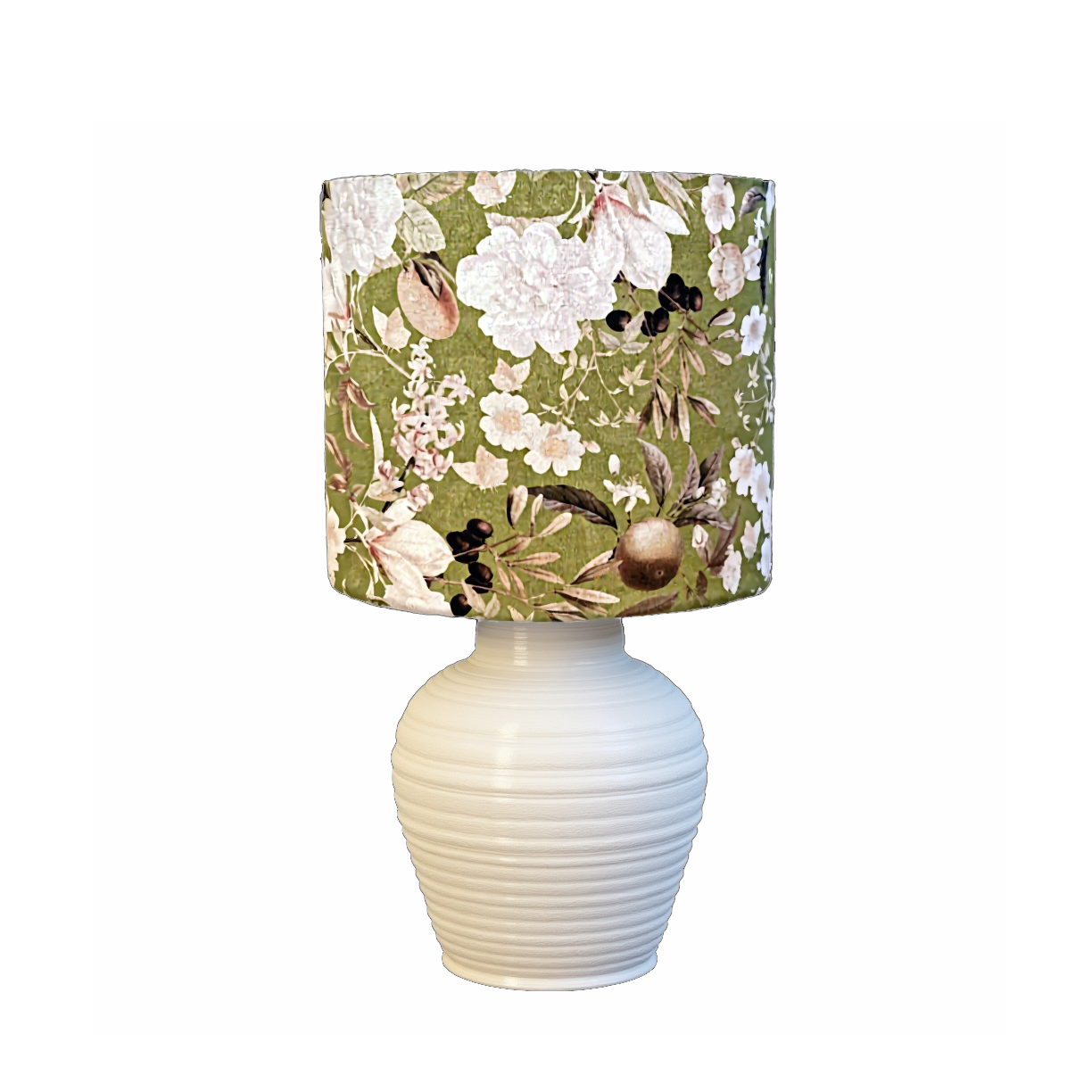 dr-59  Floral Drum Lampshade, Rustic Green Fabric, White Flowers and Fruit