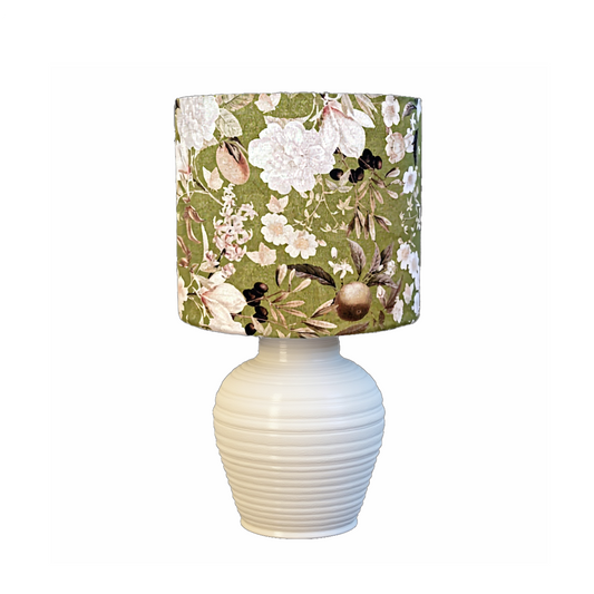 dr-59  Floral Drum Lampshade, Rustic Green Fabric, White Flowers and Fruit