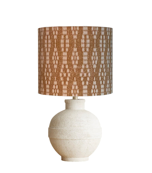 dr-61 Almha Beaded Gold  Drum lampshade with a Bohemian rust and white printed beaded design