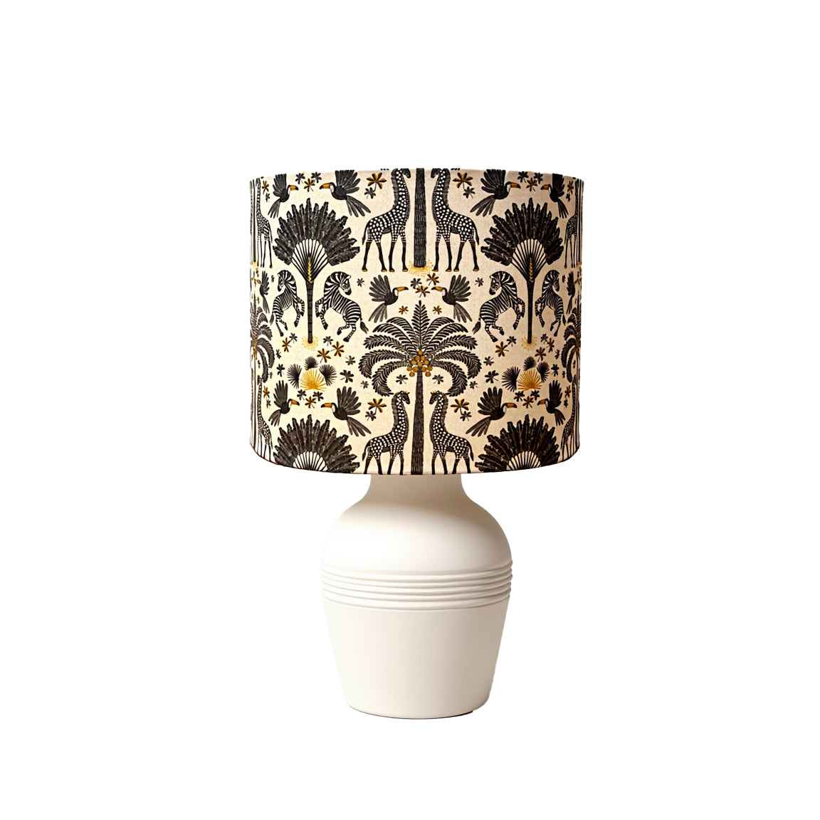 Drum lampshade covered with Zebras, palm trees toucans, fun and beautiful