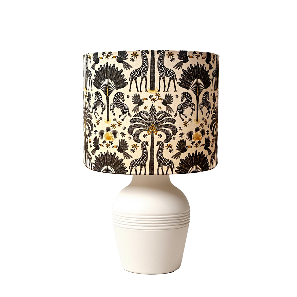Drum lampshade covered with Zebras, palm trees toucans, fun and beautiful