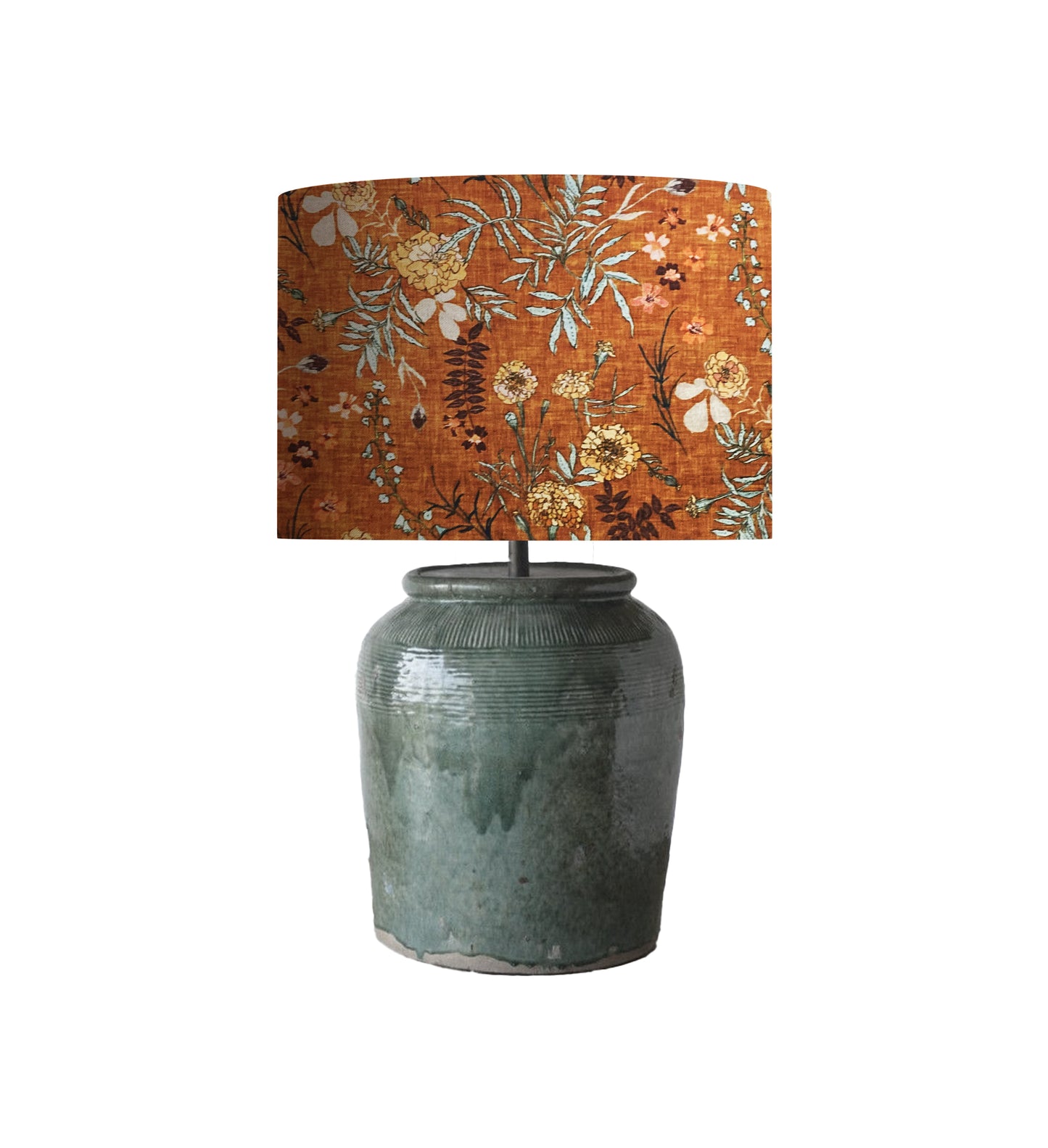 Floral Drum Lampshade, Rust Aqua Wildflower Fabric, Bohemian Cottage Decor