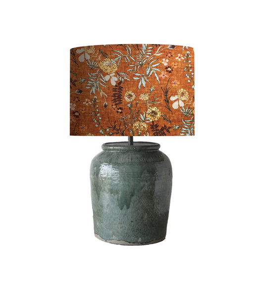 Floral Drum Lampshade, Rust Aqua Wildflower Fabric, Bohemian Cottage Decor