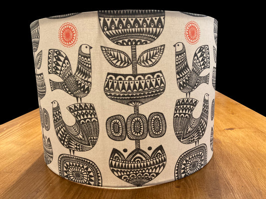 dr-37  Scandinavian Drum Lampshade, Black and White Bird Print