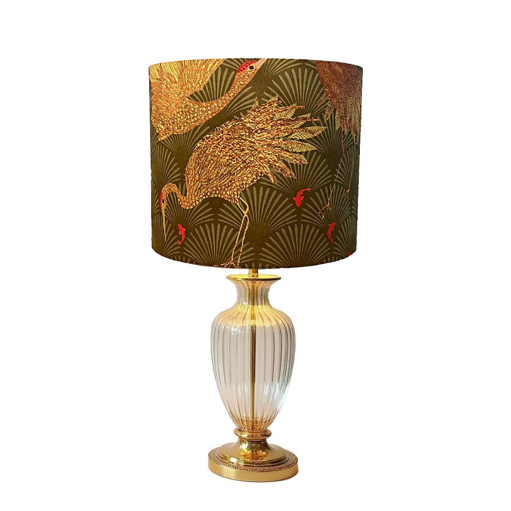 Art Deco Lampshade, Golden Japanese Cranes, Sage Green Drum Shade (14 X 16)
