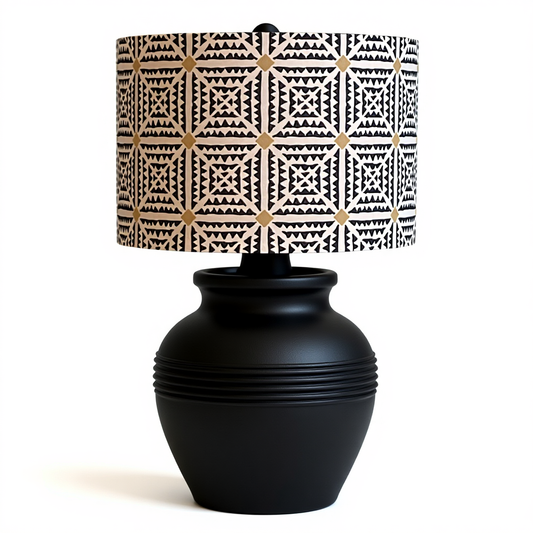 Classic drum lampshade with geometric, updated black and white plaid.