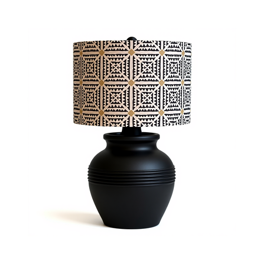 Classic drum lampshade with geometric, updated black and white plaid.