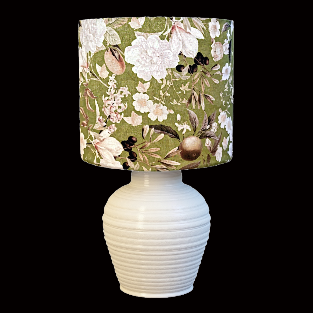 dr-59  Floral Drum Lampshade, Rustic Green Fabric, White Flowers and Fruit