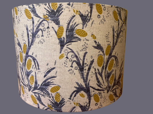 Drum lampshade, custom fabric, blue, gold, flowers, thistle, lamp, shade, French