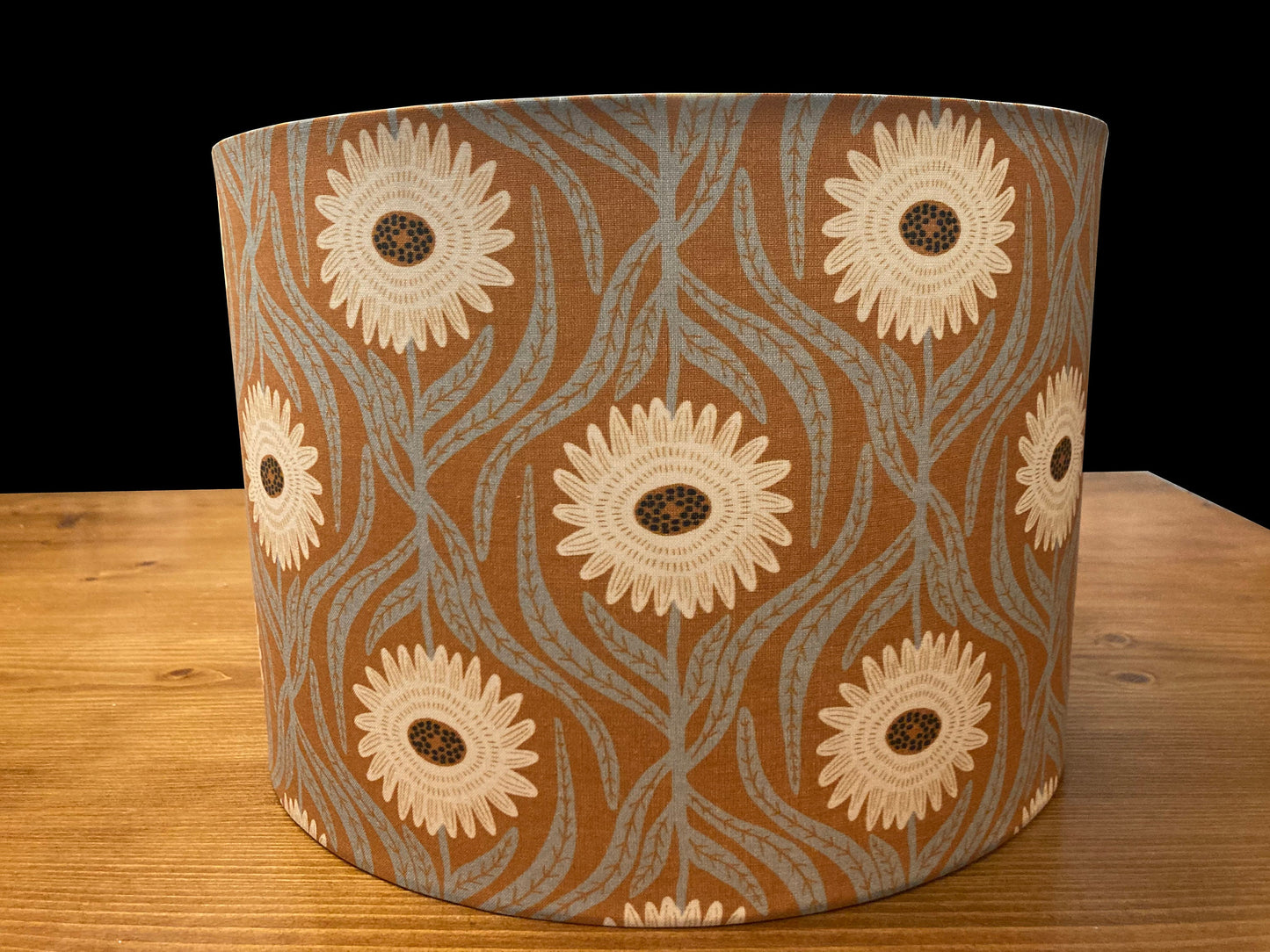 drum shade, lampshade, lamp shade, home decor, green, rust, flowers, boho, bohemian, farmhouse