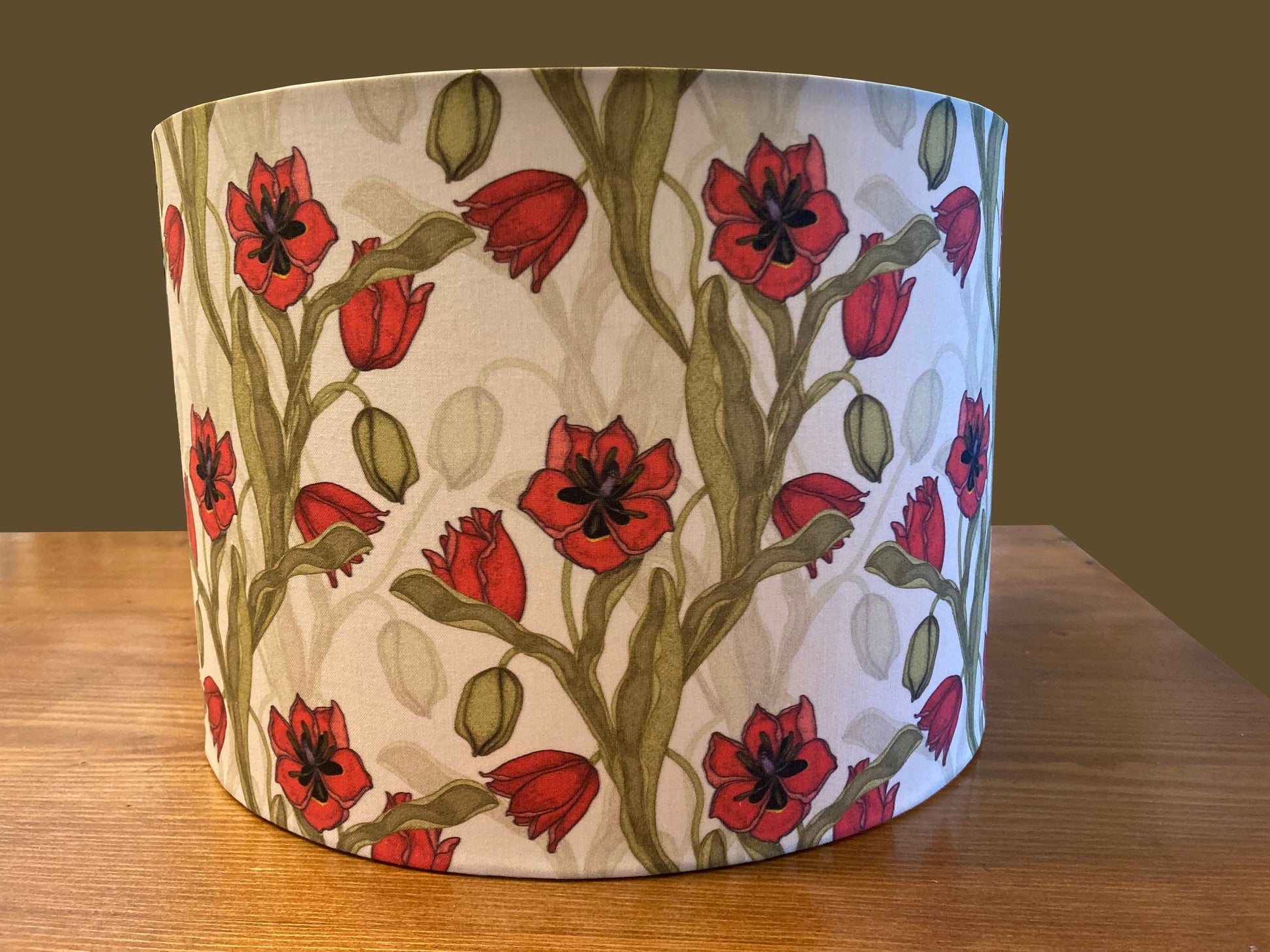 Floral Drum Lampshade, Red Tulip Botanical Print, Custom Fabric