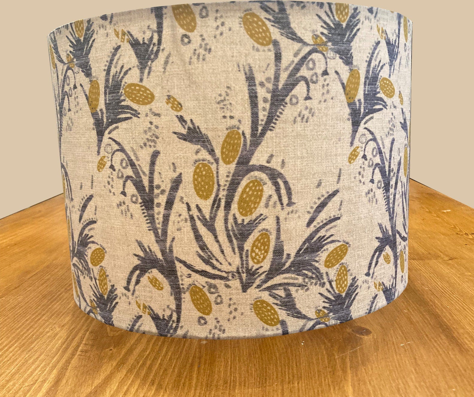 Drum lampshade, custom fabric, blue, gold, flowers, thistle, lamp, shade, French