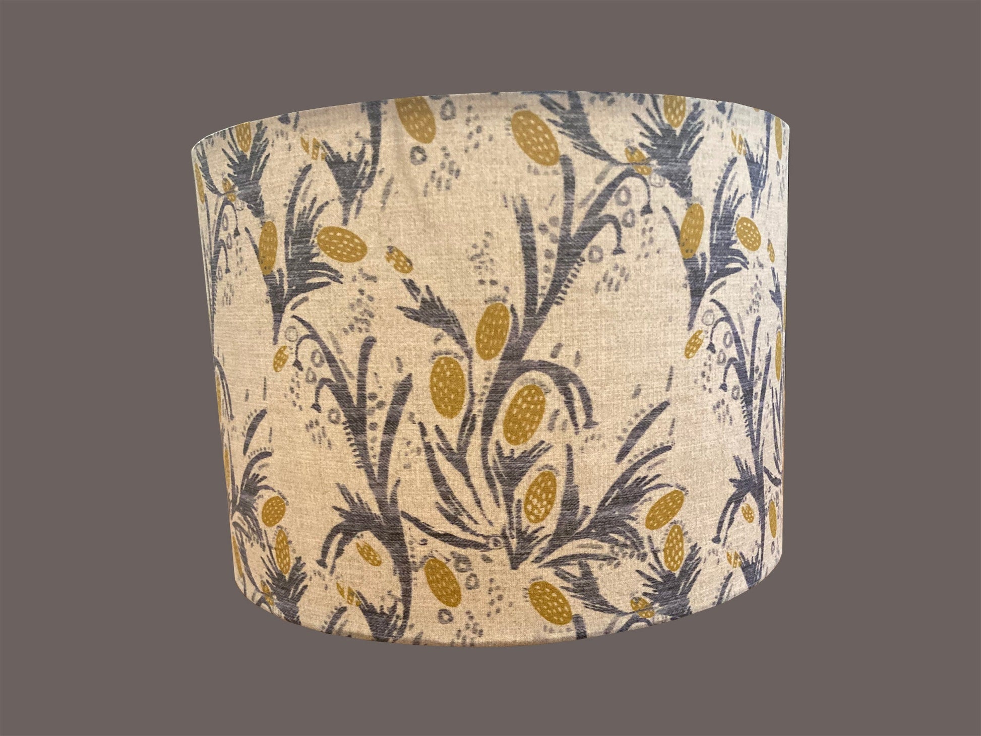 Drum lampshade, custom fabric, blue, gold, flowers, thistle, lamp, shade, French