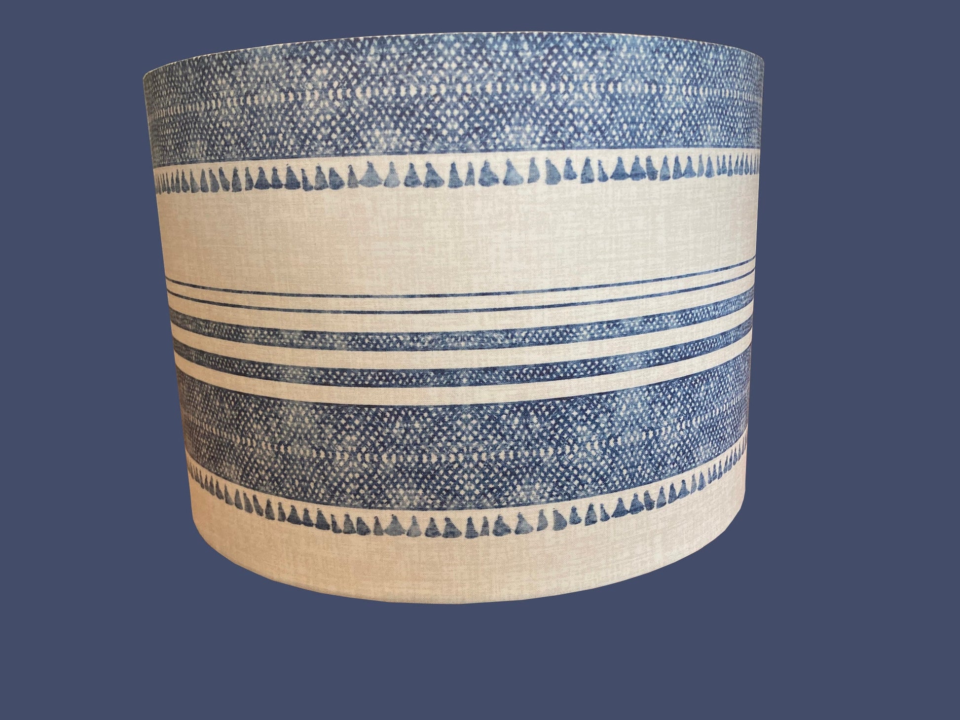 Blue & White Drum Lampshade, French Tassel, Rustic Cottage Decor