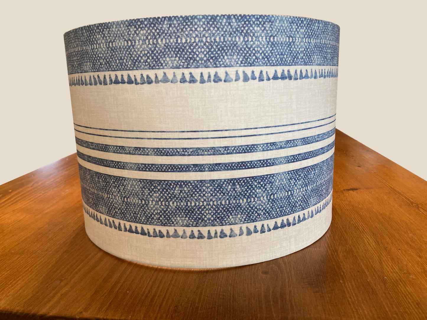 Blue & White Drum Lampshade, French Tassel, Rustic Cottage Decor