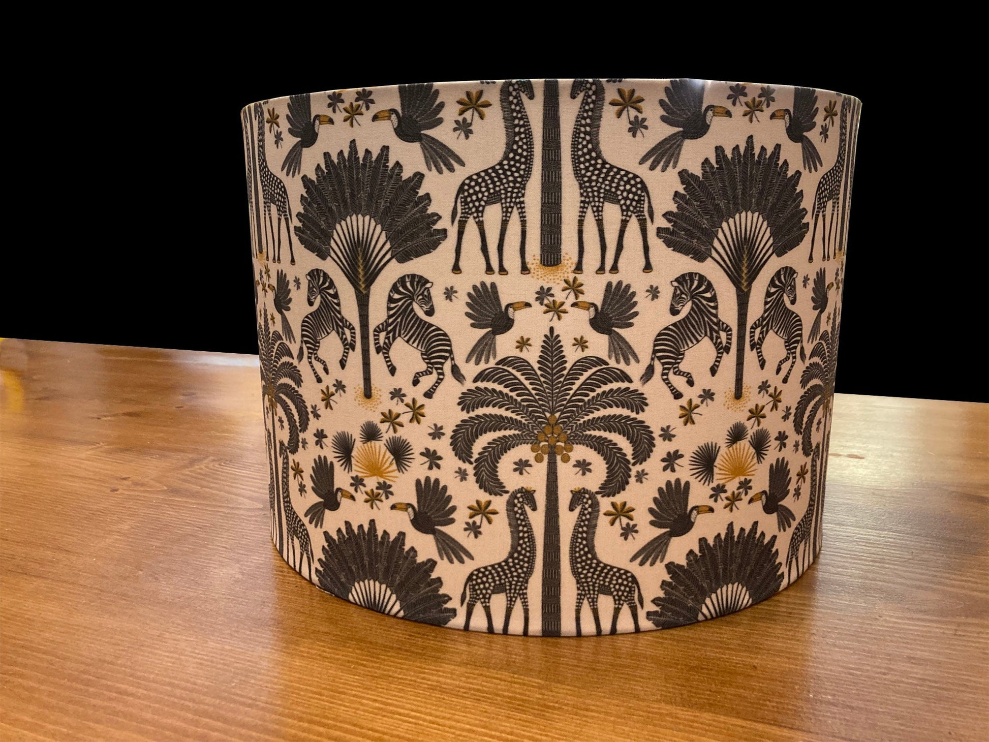 drum shade, lampshade, lamp shade, home decor, white, black,zebra palm trees, Toucans, fun