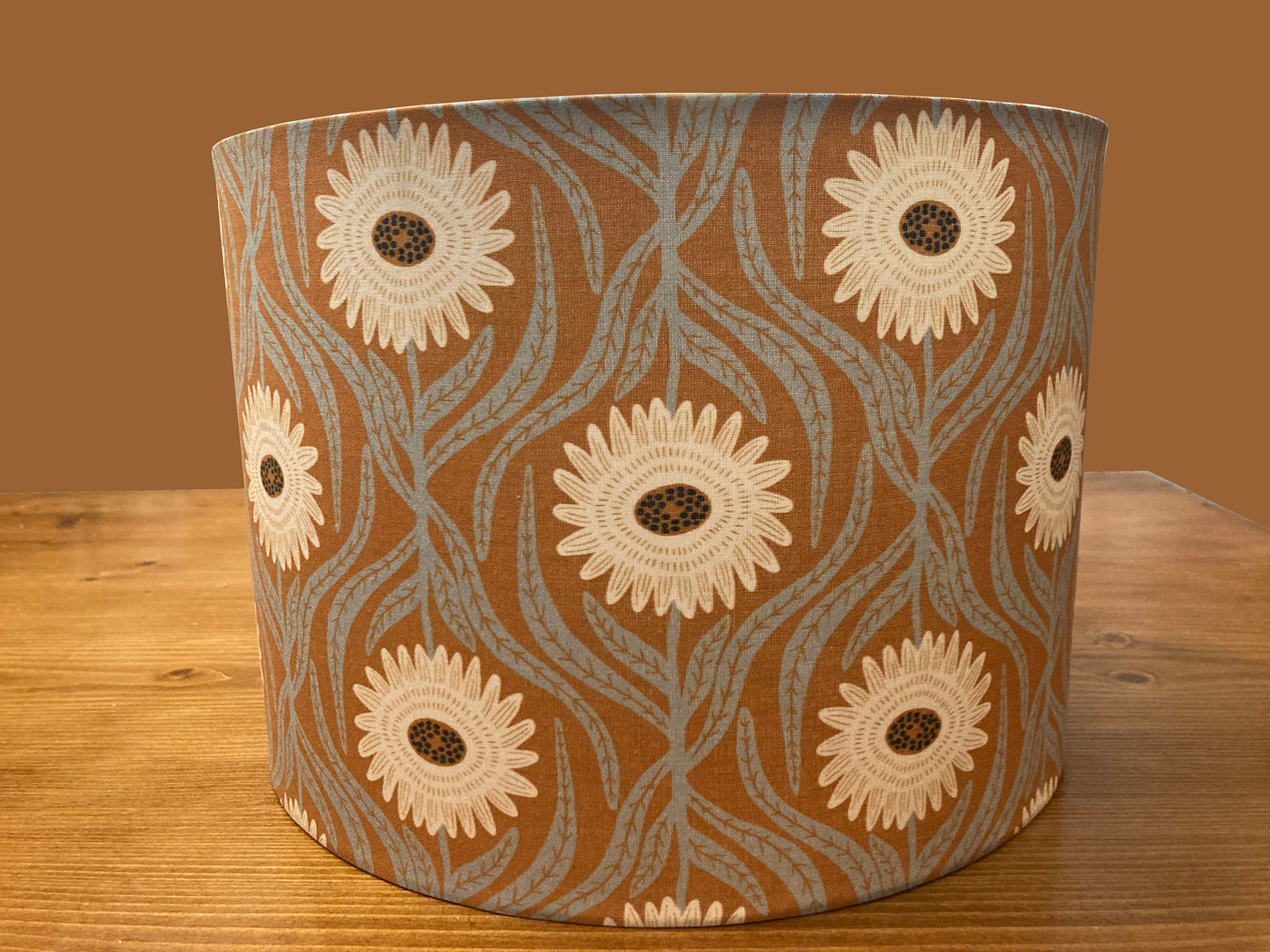 drum shade, lampshade, lamp shade, home decor, green, rust, flowers, boho, bohemian, farmhouse