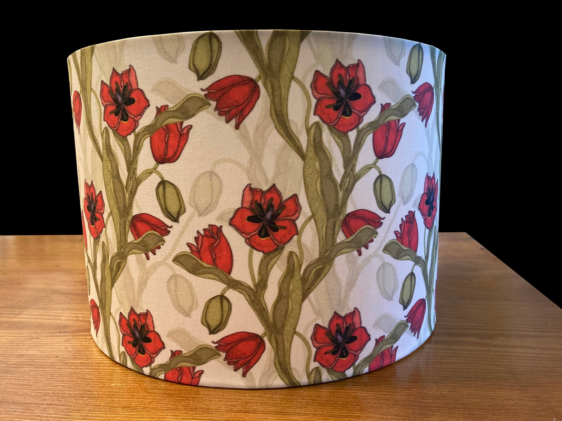 Floral Drum Lampshade, Red Tulip Botanical Print, Custom Fabric