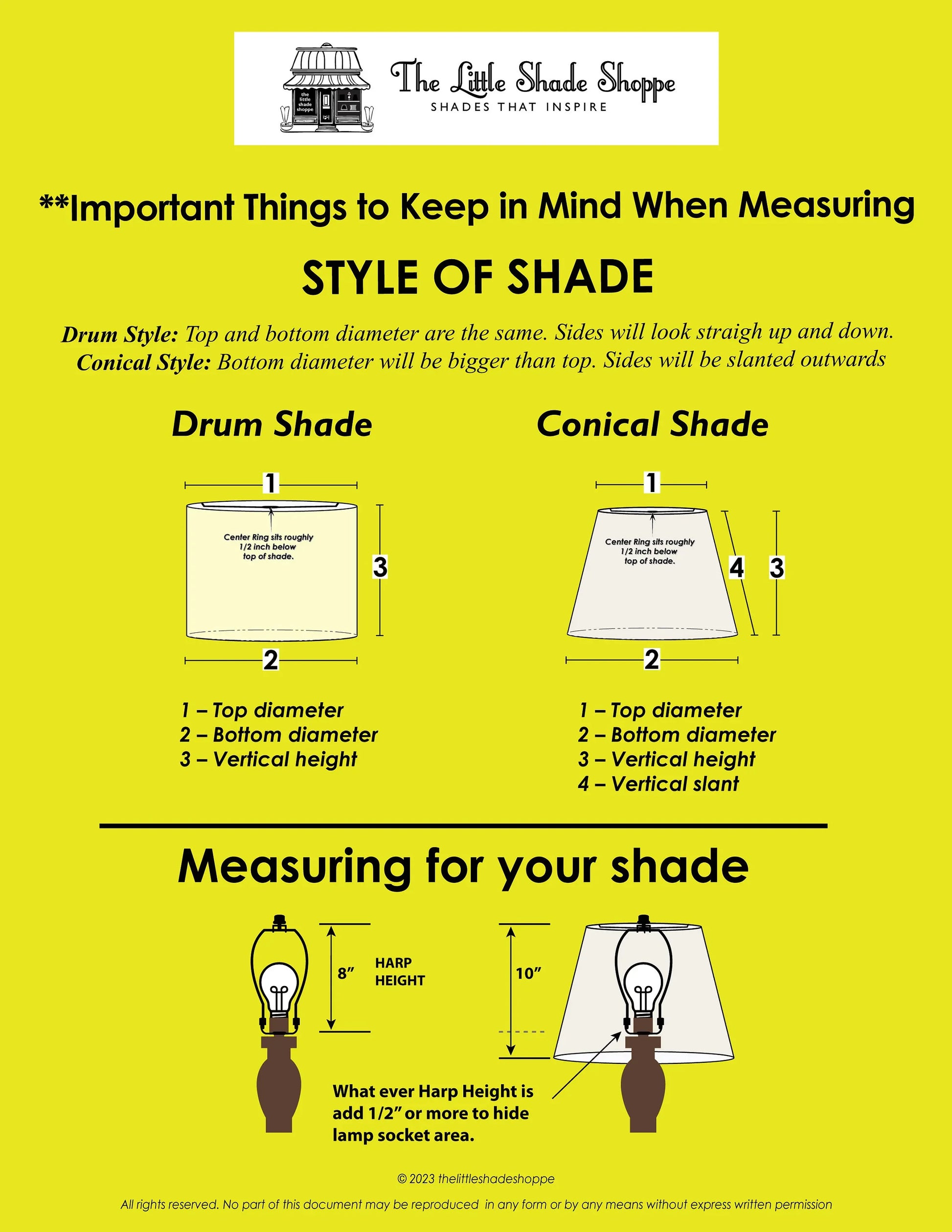 Guide to measuring drum and conical lamp shades with dimensions and harp height tips