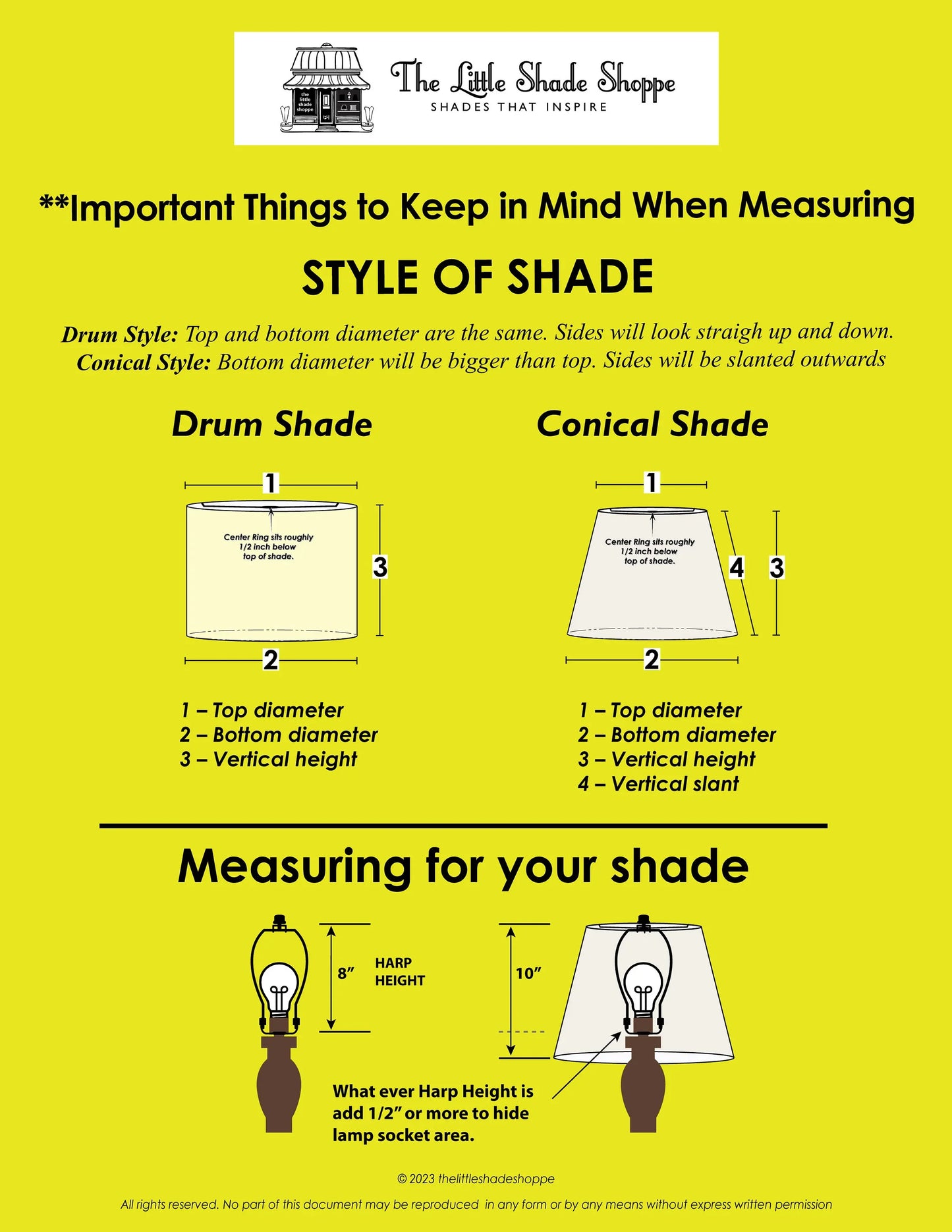 Guide to measuring drum and conical lamp shades with dimensions and harp height tips