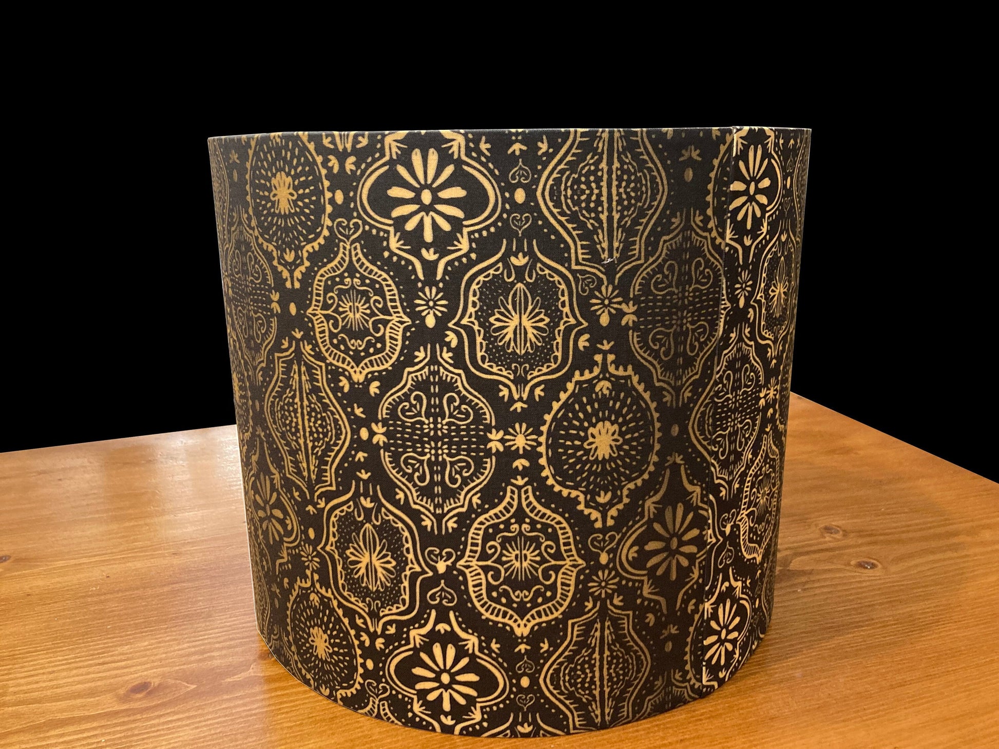 drum shade, lampshade, lamp shade, Moroccan tile, boho, bohomeian gold, black