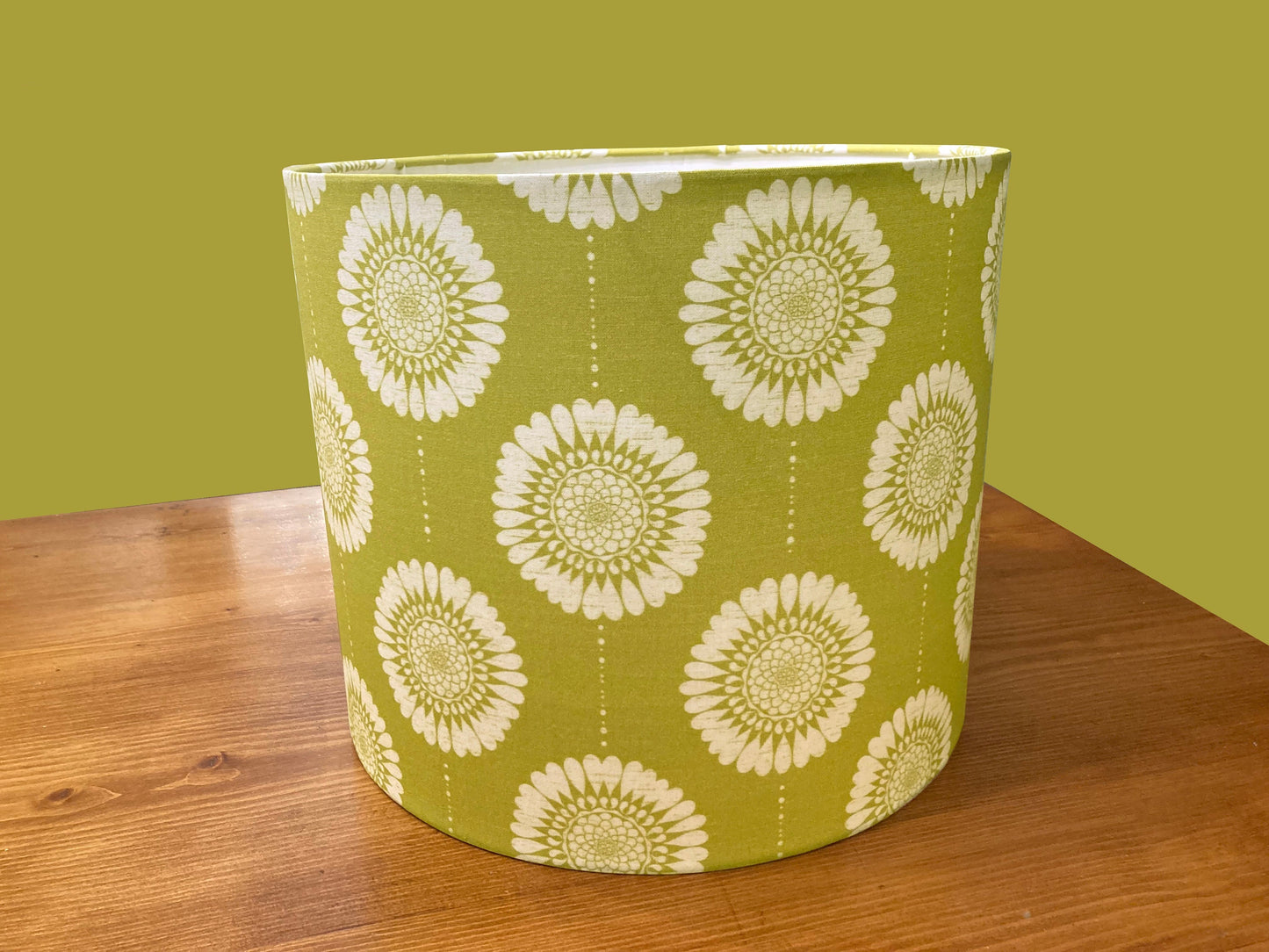 drum shade, lampshade, lamp shade, home decor, chartreuse, off white, flowers, boho, bohemian, farmhouse