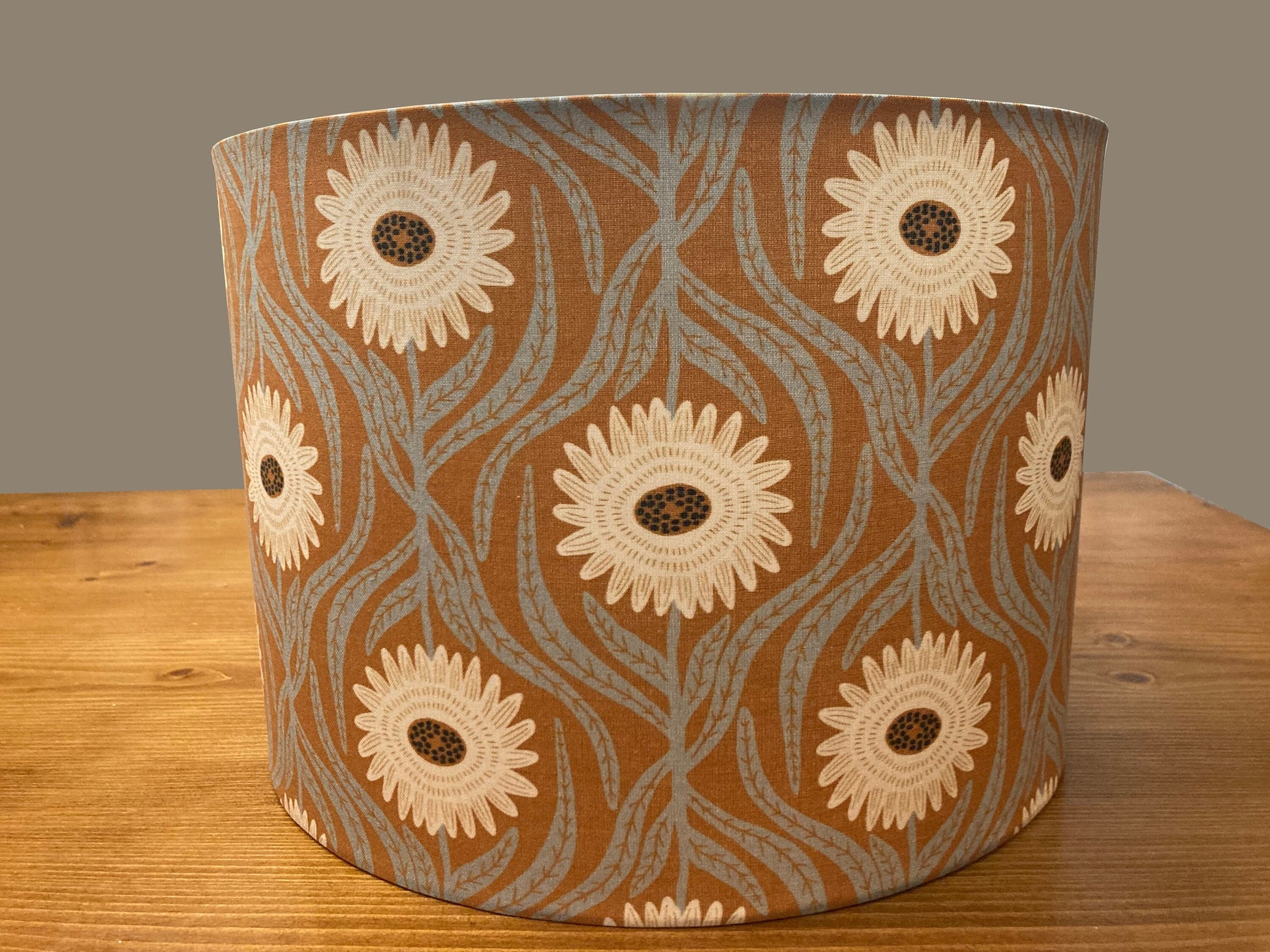 drum shade, lampshade, lamp shade, home decor, green, rust, flowers, boho, bohemian, farmhouse