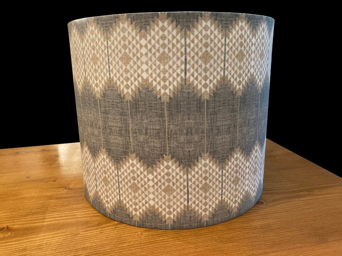 Drum lampshade, custom fabric, geo stripe bohemian, farmhouse, gray, beige, white
