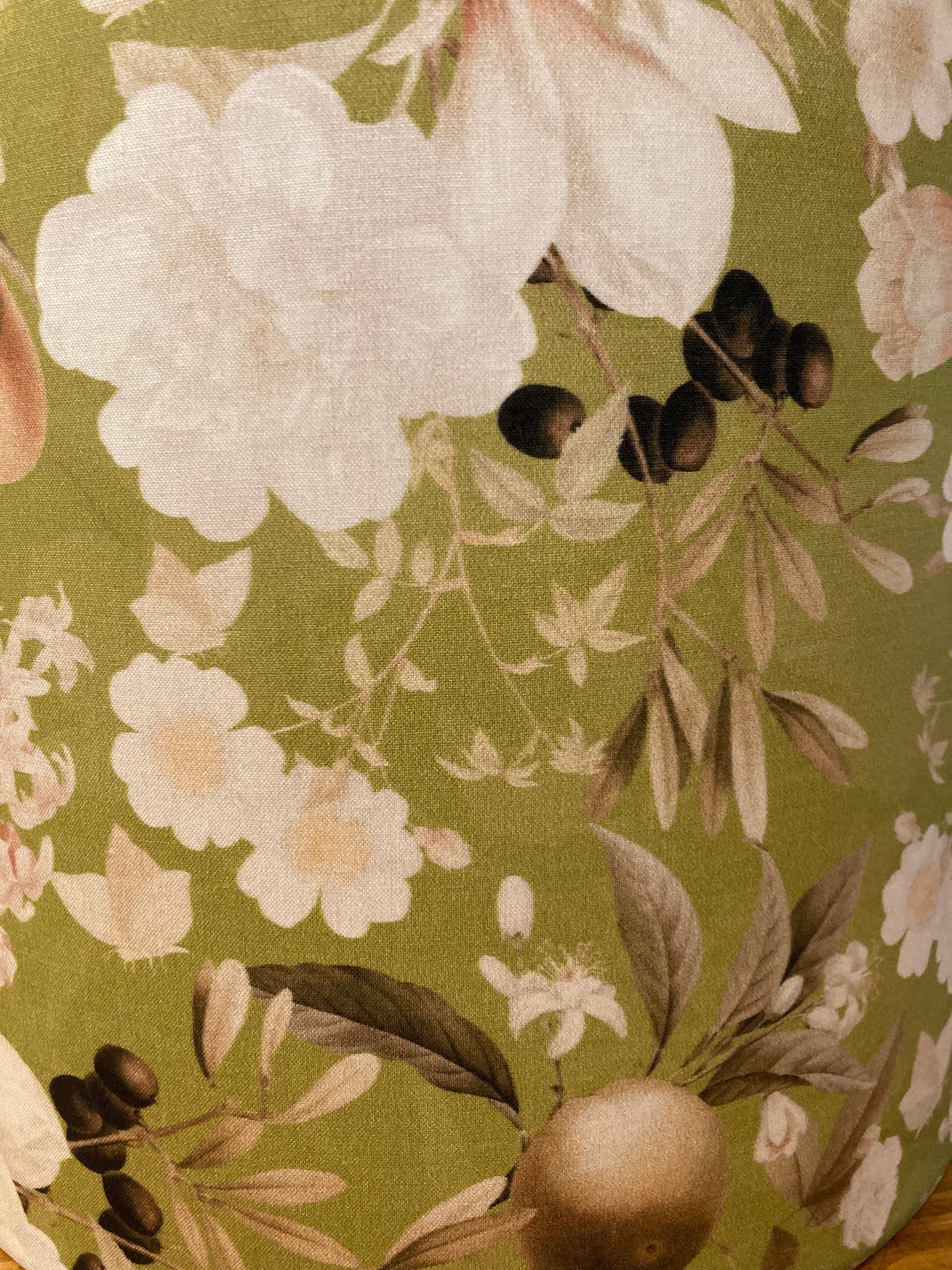 Floral Drum Lampshade, Rustic Green Fabric, White Flowers and Fruit